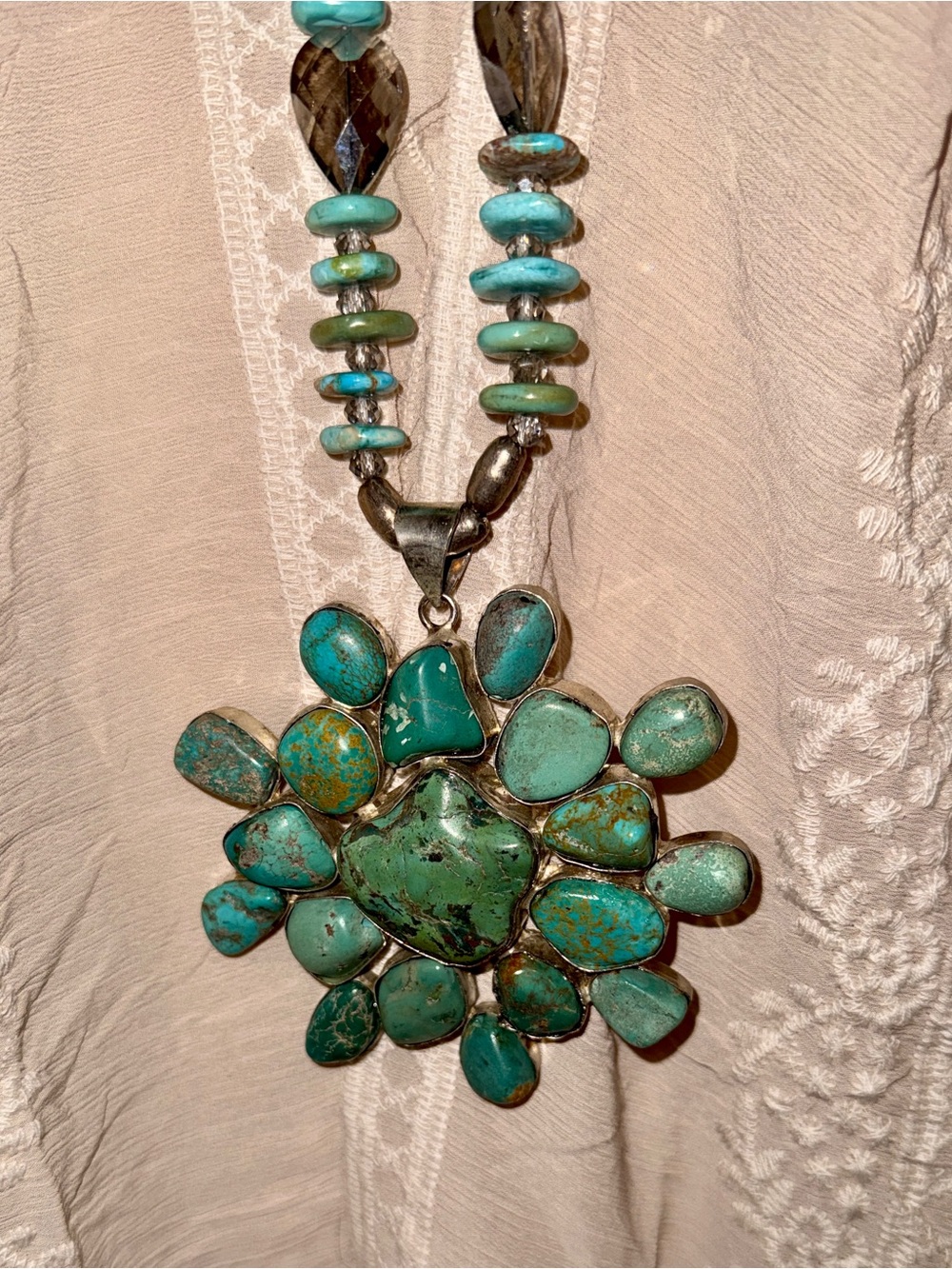 A Rare Bird Turquoise Stone Floral Pendant Necklace - Women Jewelry